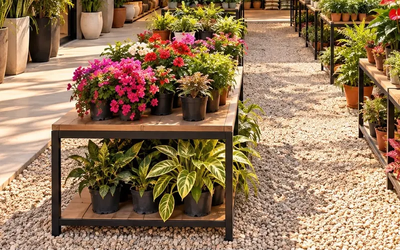 Mesas com flores e folhagens entre corredores de pedrisco