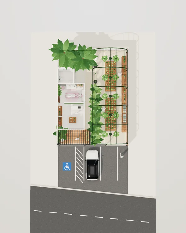 Maquete vista de cima, sem o telhado: loja e studio à esquerda, estufa à direita e estacionamento na frente